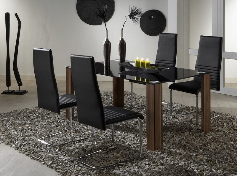 furniture Good looking dining tables different types and shapes for your home Modernistic-design-contemporaneous-black-dining-chairs-made-from-leather-and-black-glass-dining-table-with-wooden-stable-foots-for-furnishing-of-modern-dining-room