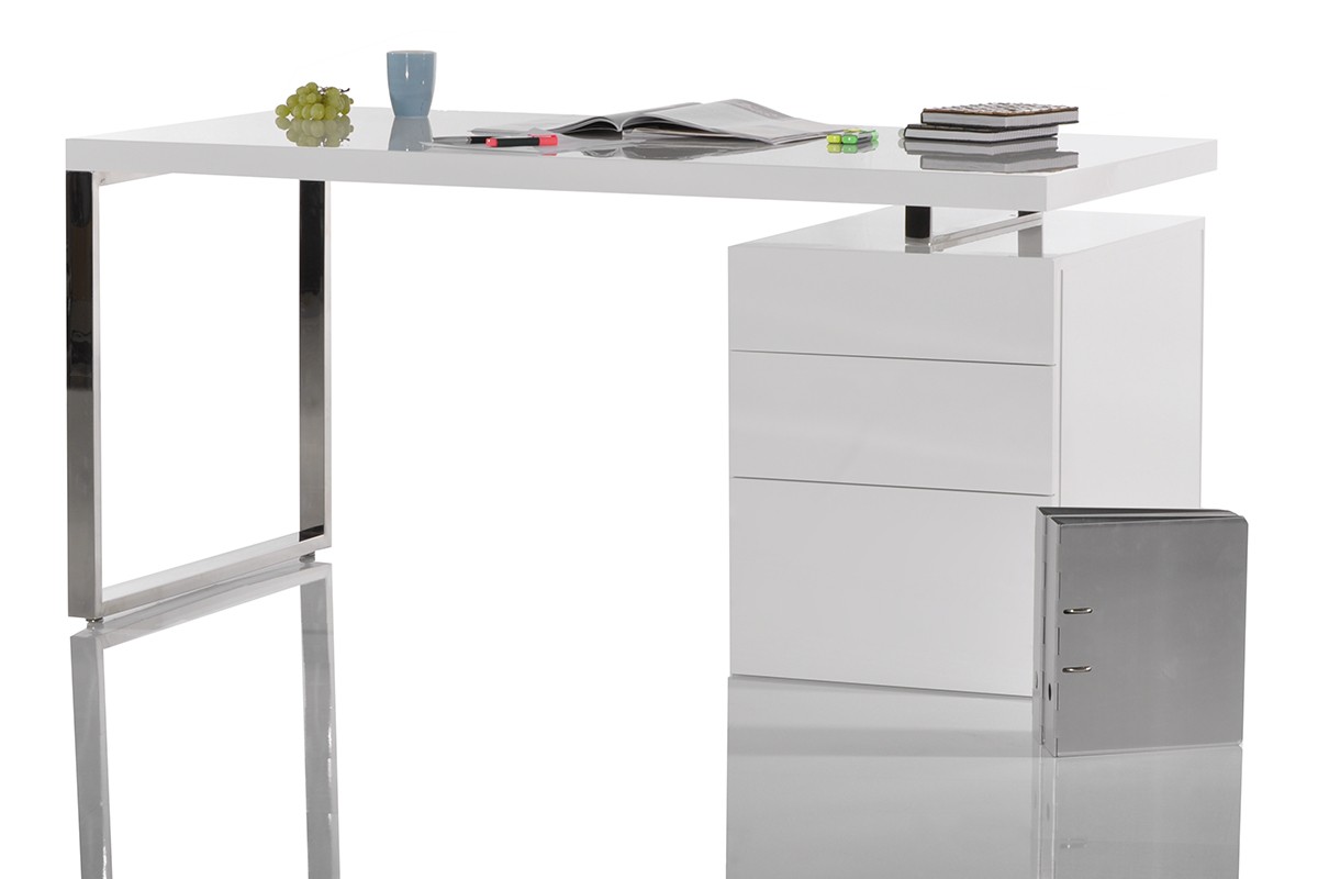 Schreibtisch Chrom White 180x75 cm Weiss Hochglanz mit Container 180cm