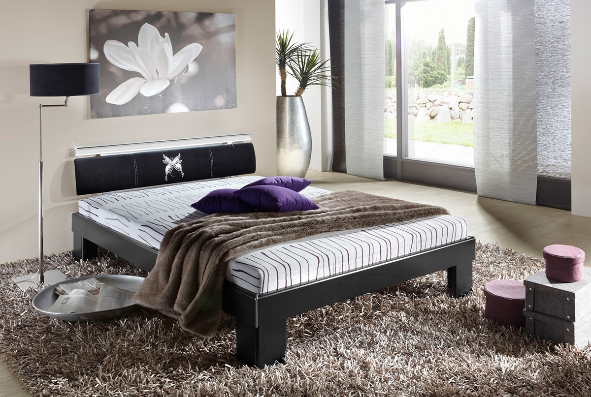 Komplett Bett Papillon 140x200 Schwarz mit Matratze Schmetterlingdeko