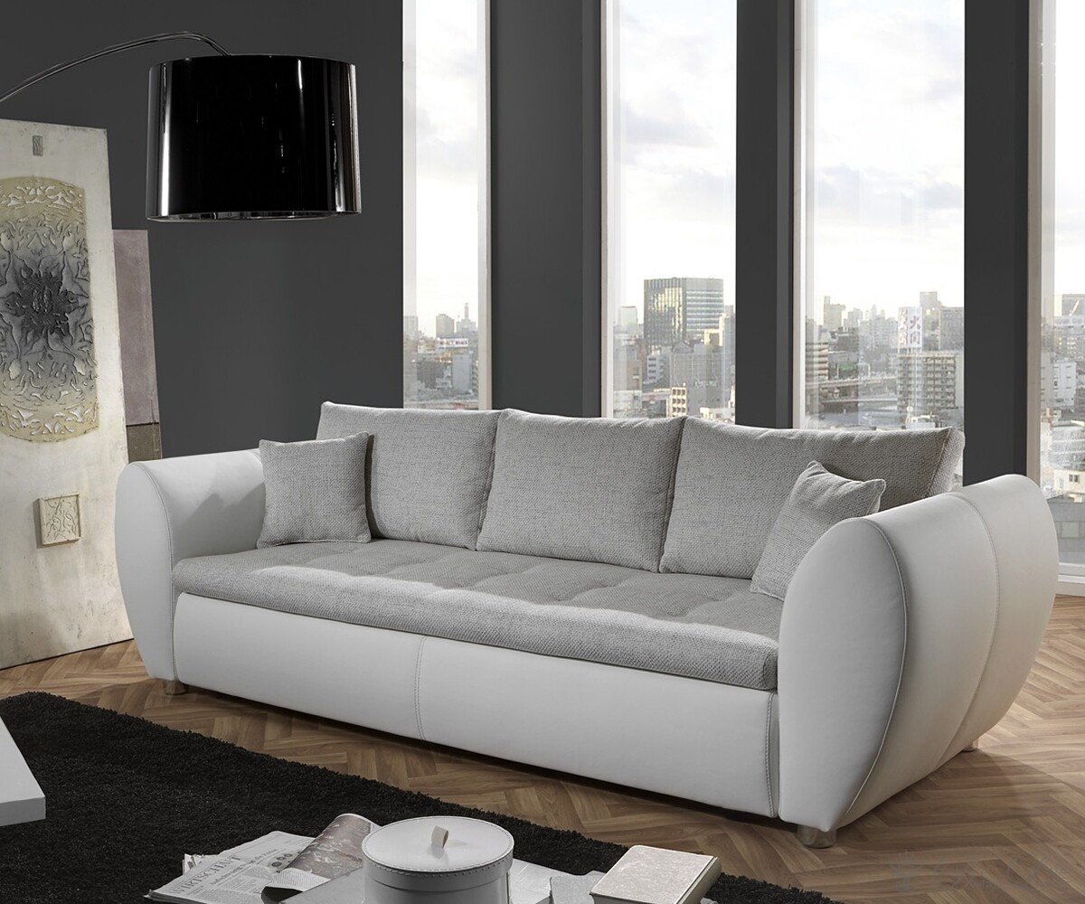 Schlafsofa Norella Weiss Grau Strukturstoff Couch mit Bettfunktion