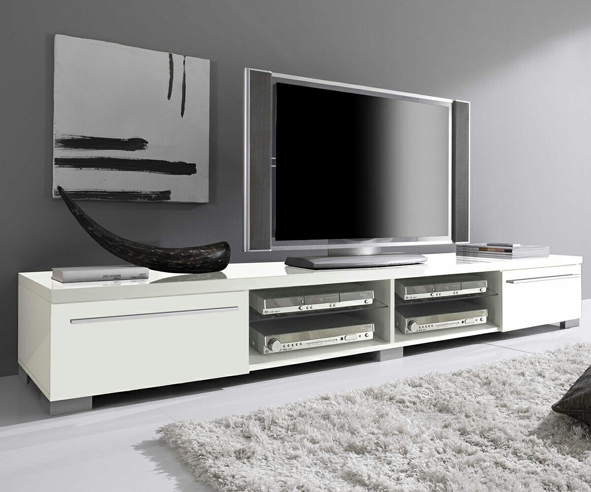 TV Lowboard Corina 208x31 cm Weiss Hochglanz 2 Klappf&auml;cher 4 F&auml;cher