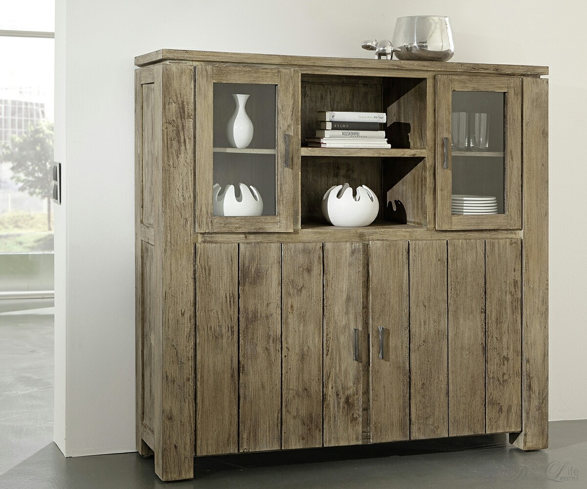 VENICE Highboard Akazie Sand mit 2 Glas / 2 Holztüren by