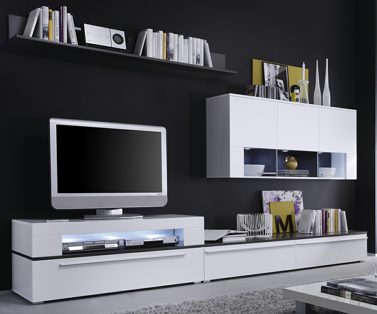 Wohnwand Misteria 312x190 Weiss Wohnzimmerm&ouml;bel inkl. LED Beleuchtung