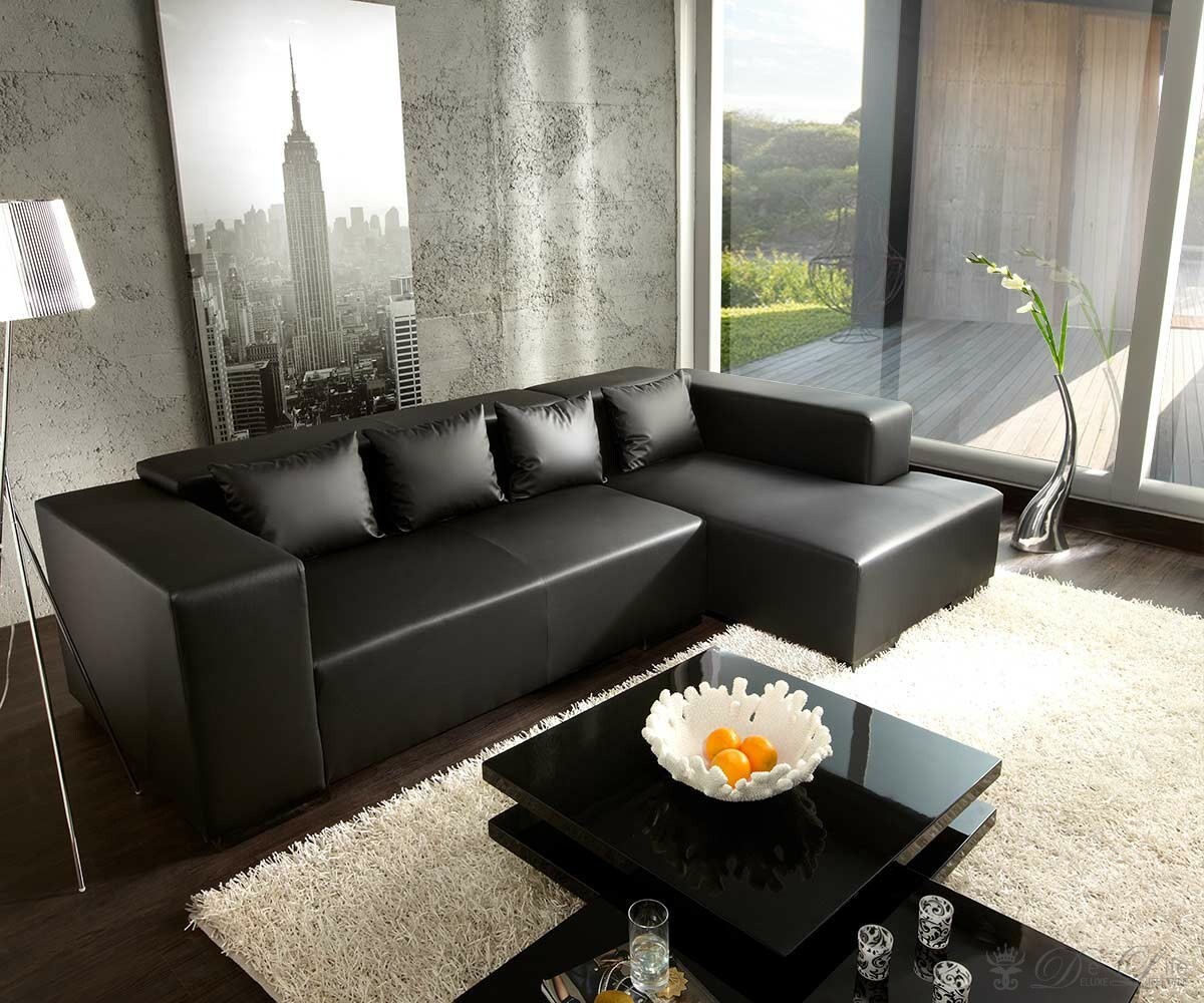 Ecksofa Modena 280x100 cm Schwarz Couch Ottomane rechts