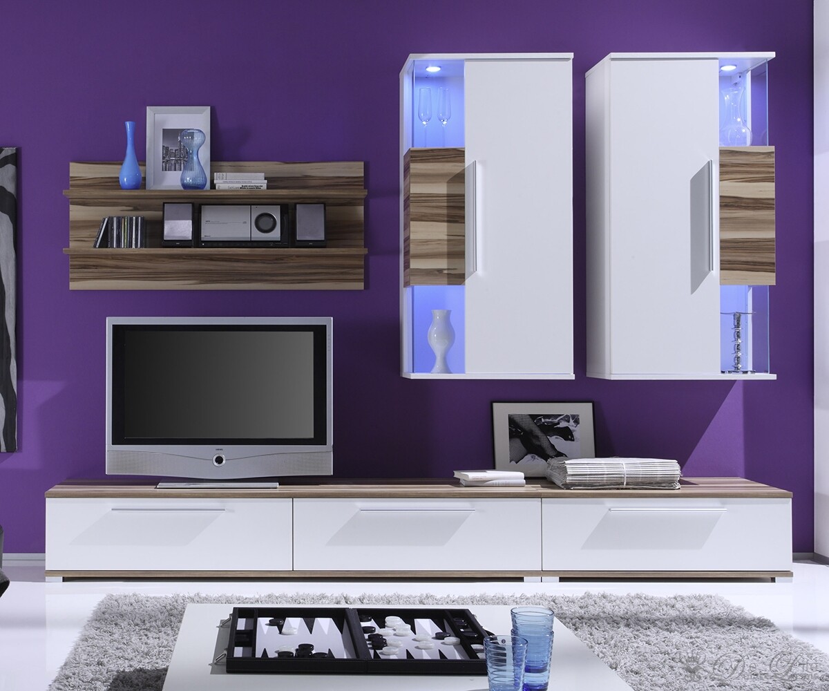 Wohnwand Toronto 263x192 Weiss Baltimore Walnuss Schrank mit Beleuchtung