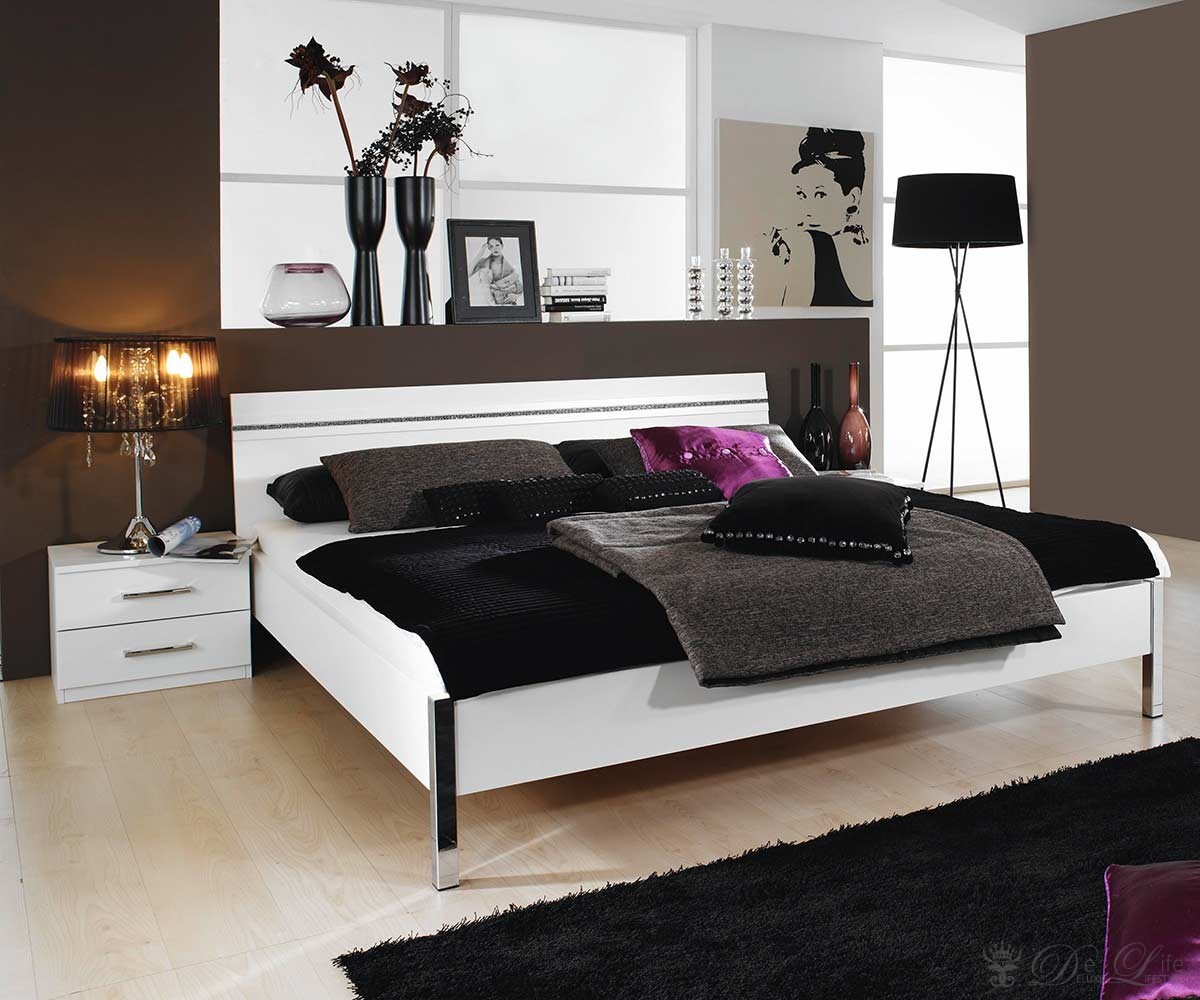 Bett Glitter 180x200 cm Weiss Design Bett mit 2 Nachtkonsolen