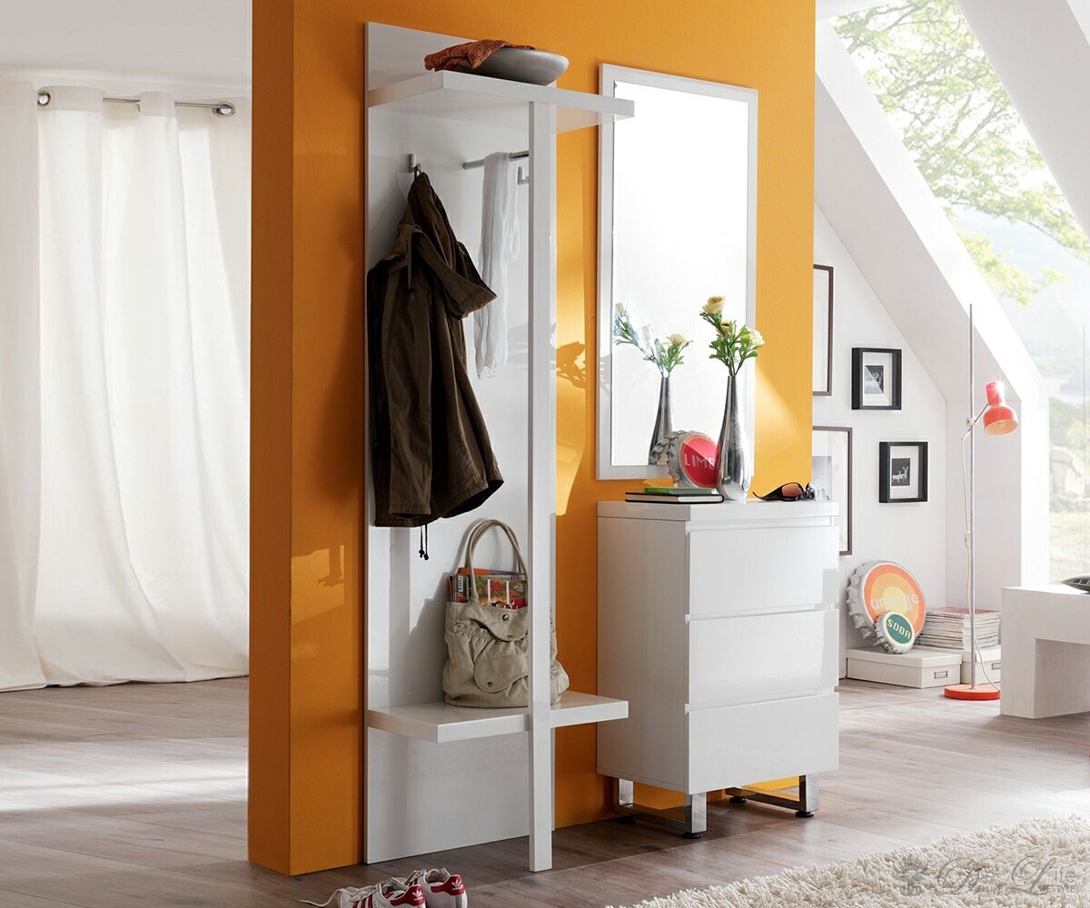 Garderobe Lucido 170x195cm Weiss Hochglanz Garderobenm&ouml;bel mit Spiegel