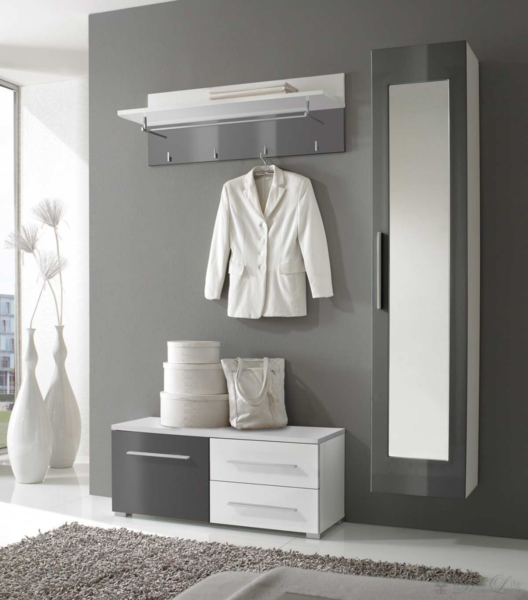 Garderobe Finja 140x200 Weiss Grau Hochglanz Spiegelschrank Lowboard Preisvergleich