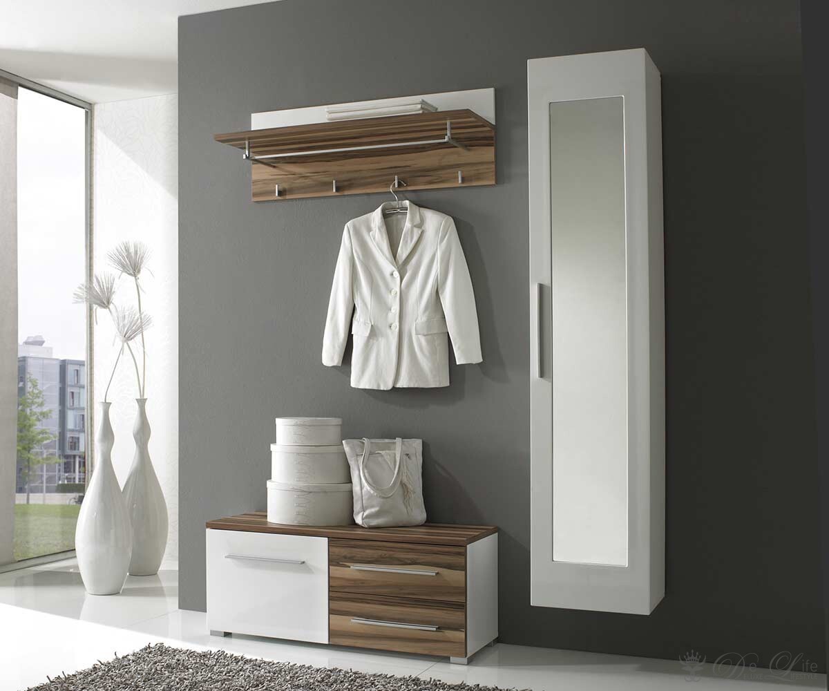 Garderobe Finja 140x200 cm Weiss Walnuss Spiegelschrank Lowboard