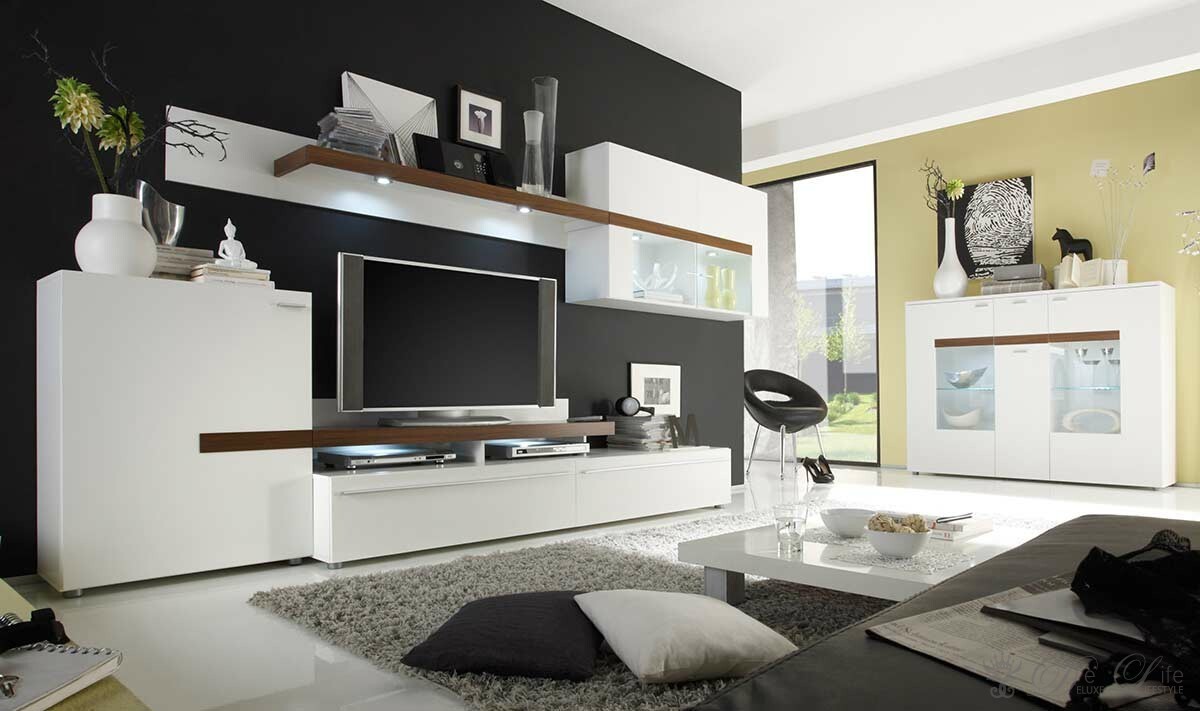 wohnzimmer weiß braun:Wohnzimmer Lukas Weiss Walnuss Wohnwand Highboard mit Beleuchtung wohnzimmer weiß braun:Wohnzimmer Lukas Weiss Walnuss Wohnwand Highboard mit Beleuchtung