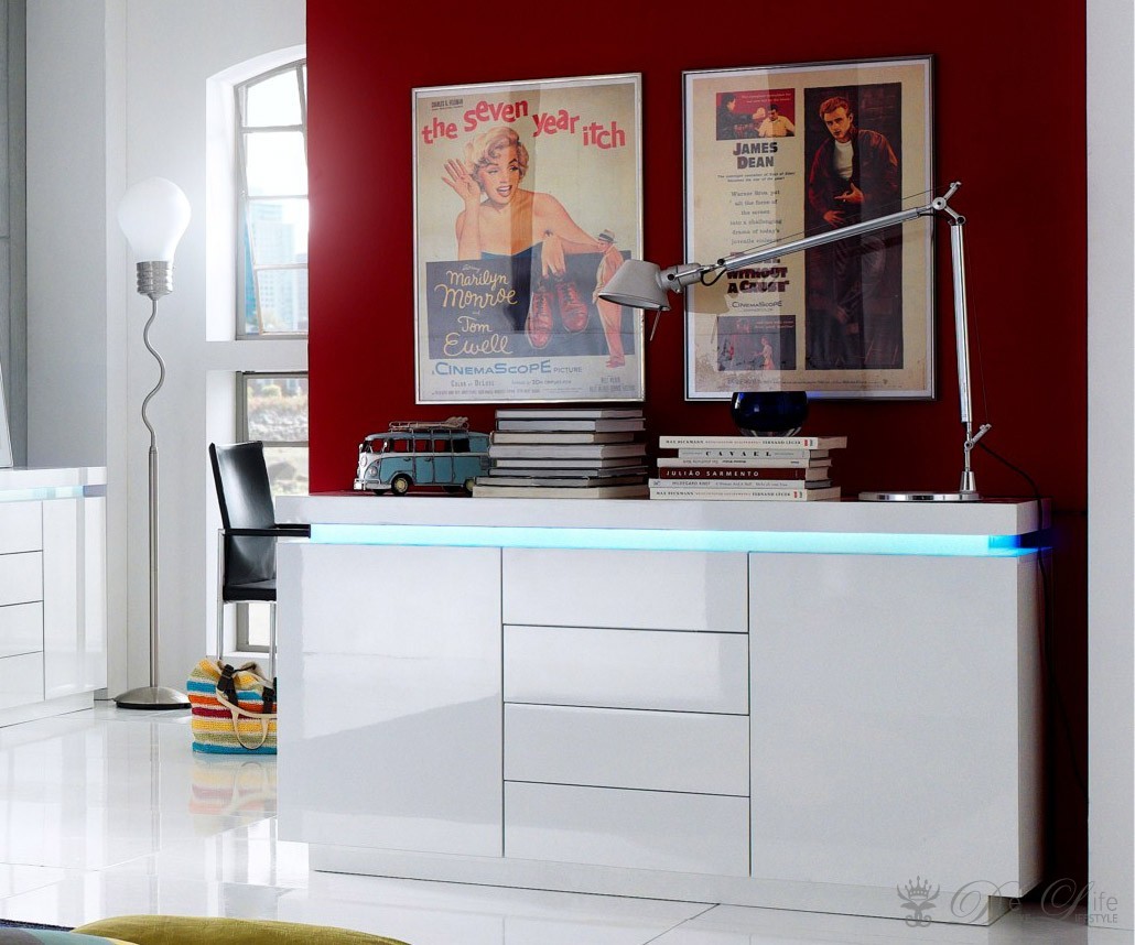 Kommode jamie hochglanz weiss 175x80cm sideboard inkl. beleuchtung ...