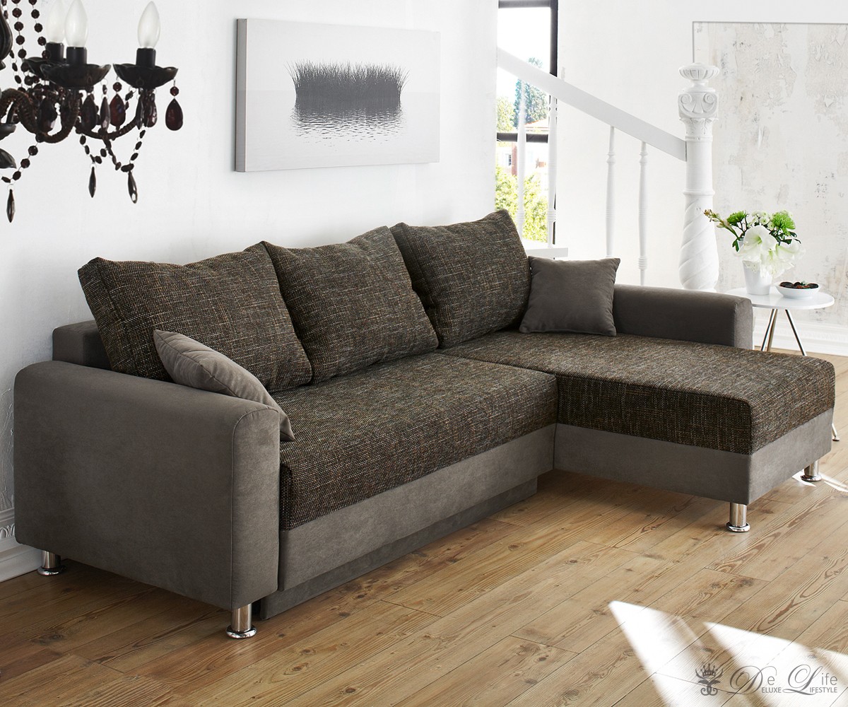 Ecksofa Cushy 235x160 Cm Grau Braun Couch Mit Schlaffunktion