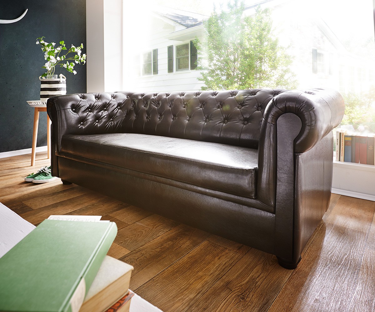 Sofa Chesterfield 200x90 cm Braun Abgesteppt 3-Sitzer ...