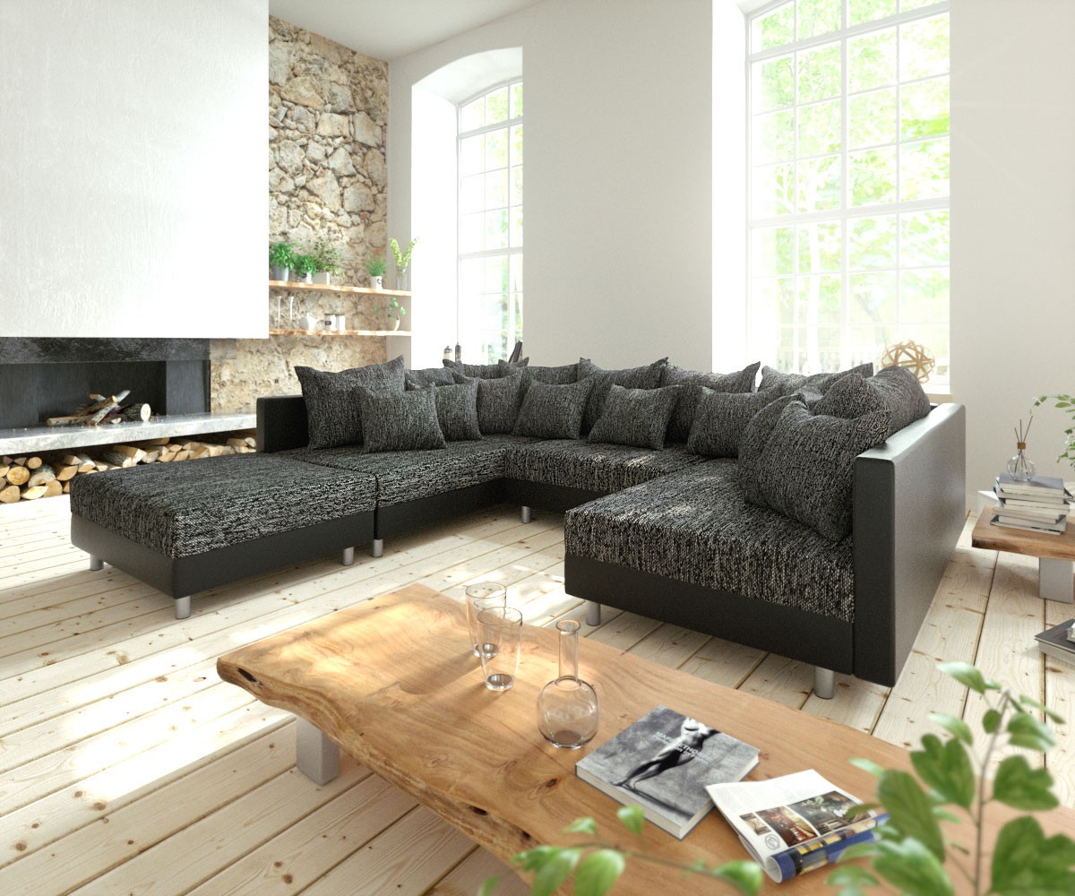 Wohnlandschaft Clovis Schwarz Modulsofa mit Hocker Möbel Sofas