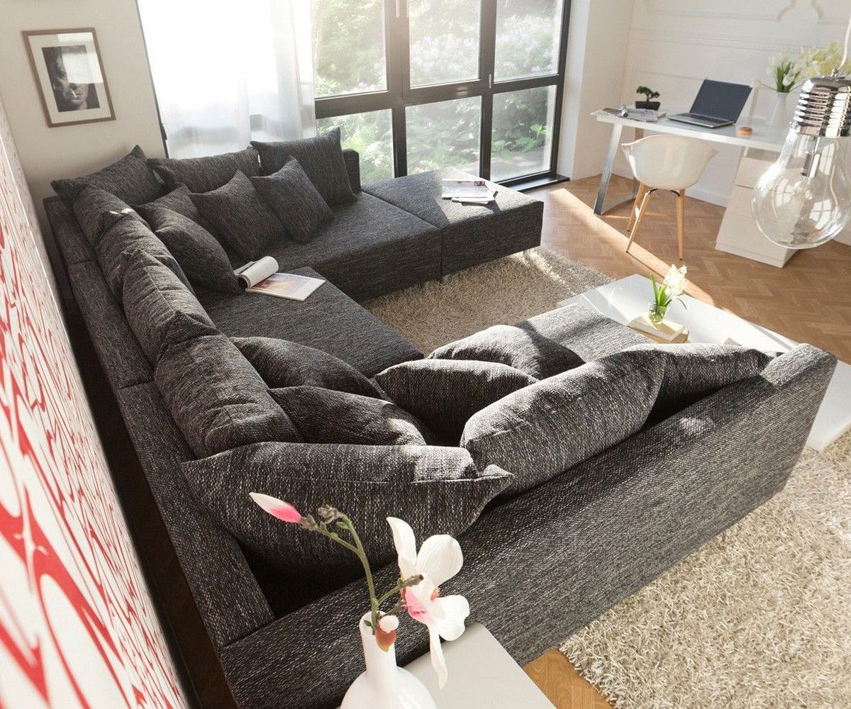 Wohnlandschaft Clovis Schwarz mit Hocker Modulsofa Möbel Sofas